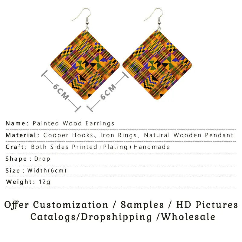 African Wooden Bohemian Square Earrings Funky African